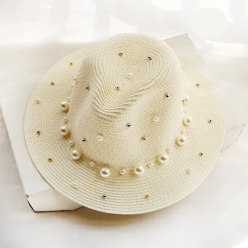 Thumbnail: Pearl Beading Flat Brimmed Straw Hat