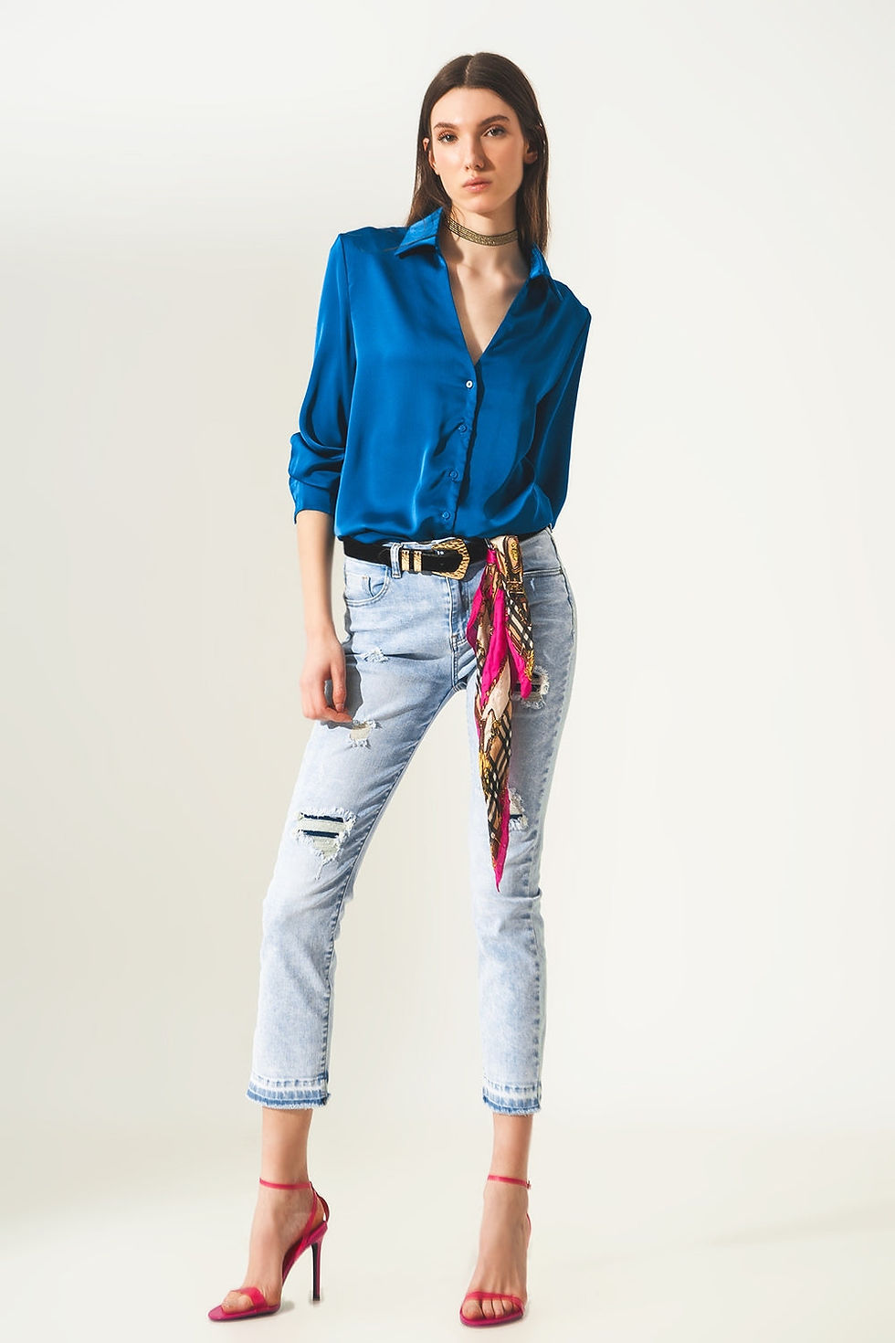 Thumbnail: Distressed Straight Jeans With Hem Detail in Blue