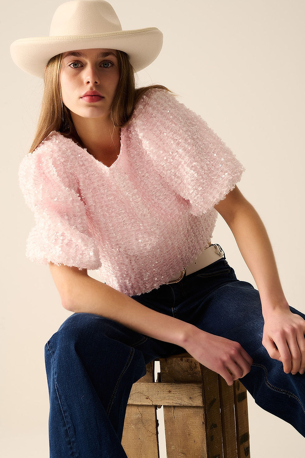 Thumbnail: Pink Top With Sequin Detail and Balloon Sleeves