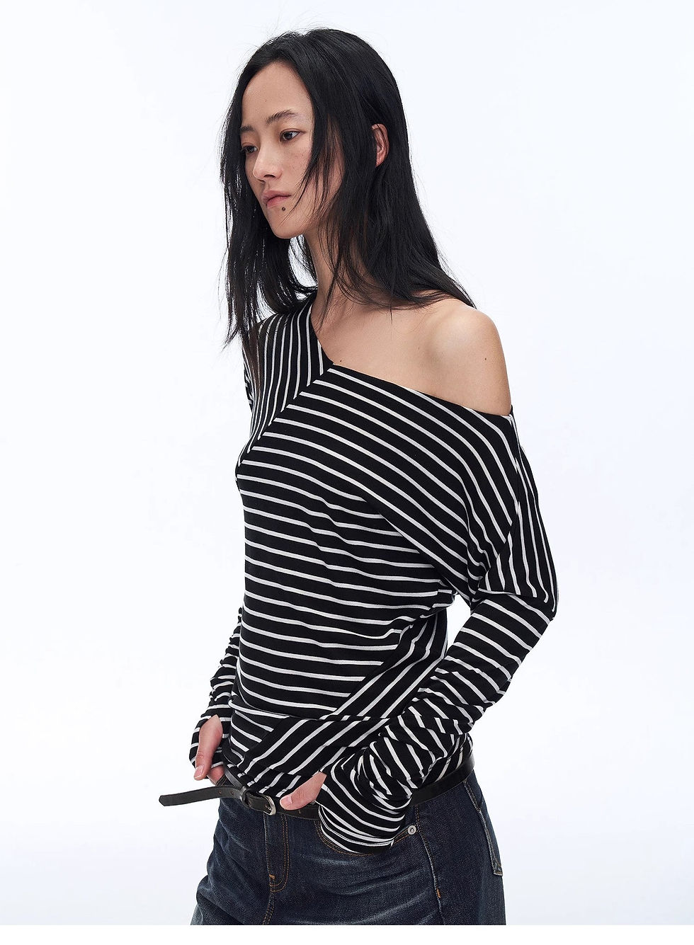 Thumbnail: Off-Shoulder Draped Patchwork Striped T-Shirt"Picasso Lines"