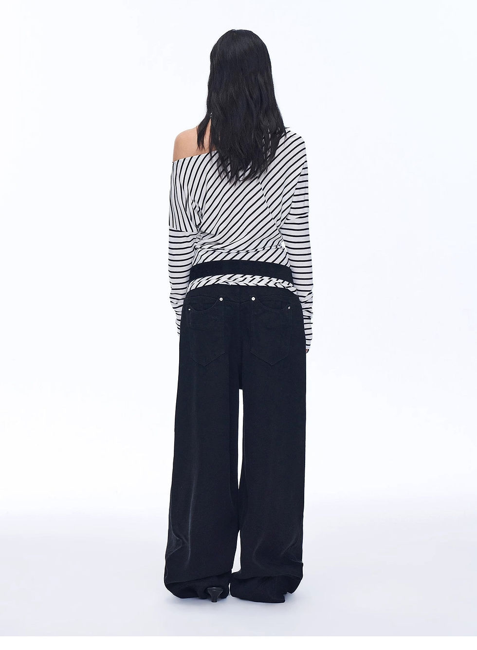 Thumbnail: Off-Shoulder Draped Patchwork Striped T-Shirt"Picasso Lines"