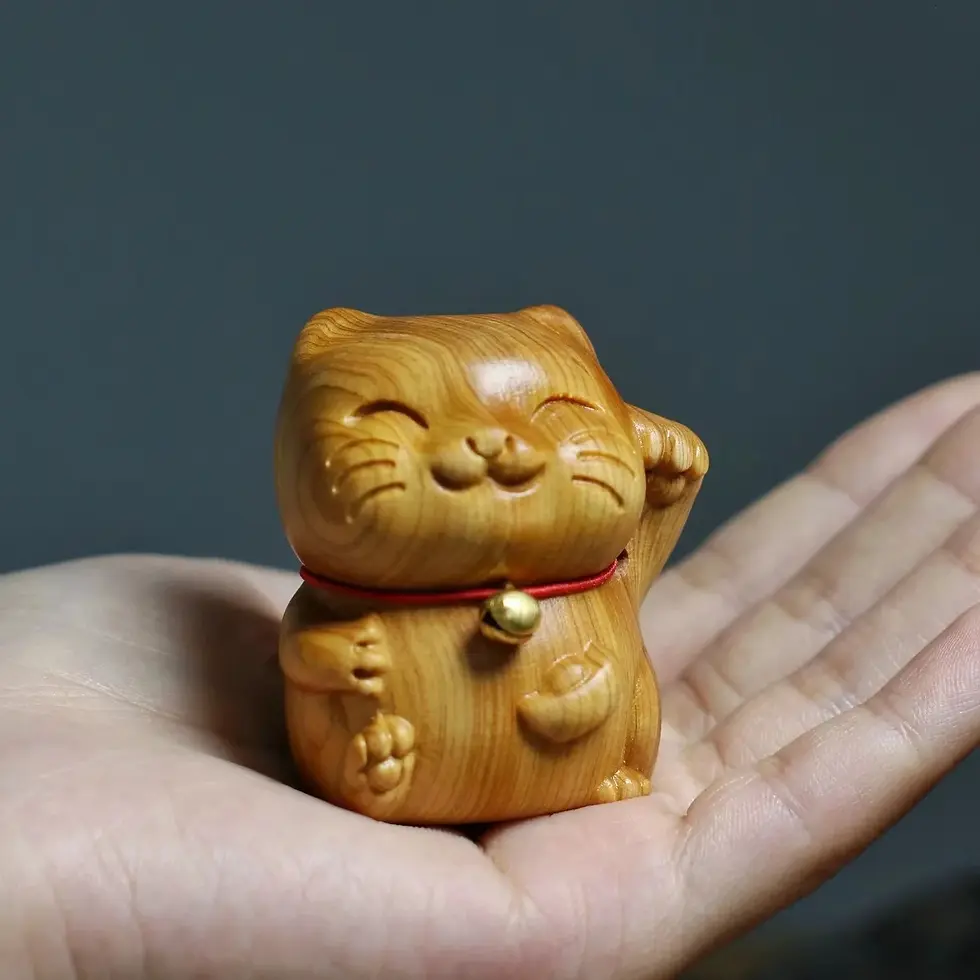 Thumbnail: NEW Wooden Lucky Cat Figurine Green Sandalwood