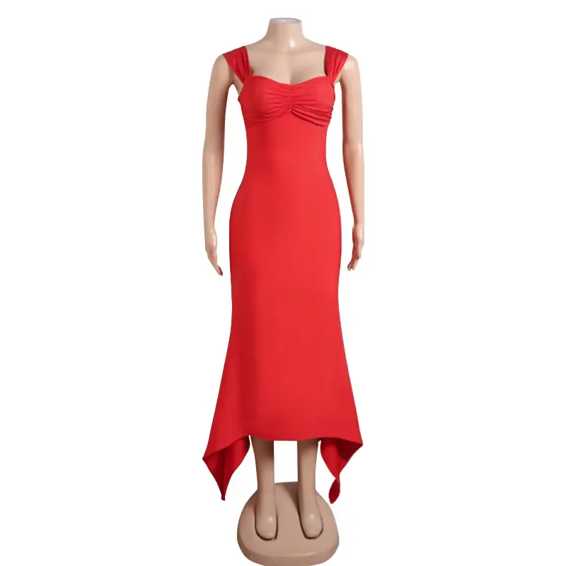 Thumbnail: Red Pleated Bandage Maxi Dress Elegant Bodycon Style