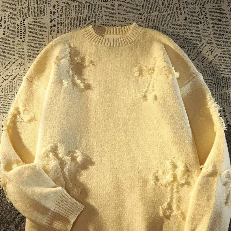 Thumbnail: Retro Hole Fringed Loose Sweater