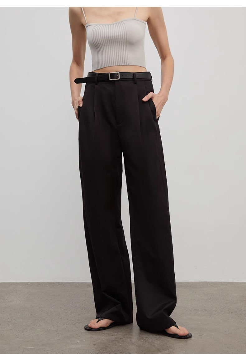 Thumbnail: Spliced Double-Pleat Wide Straight-Leg Trousers for Women