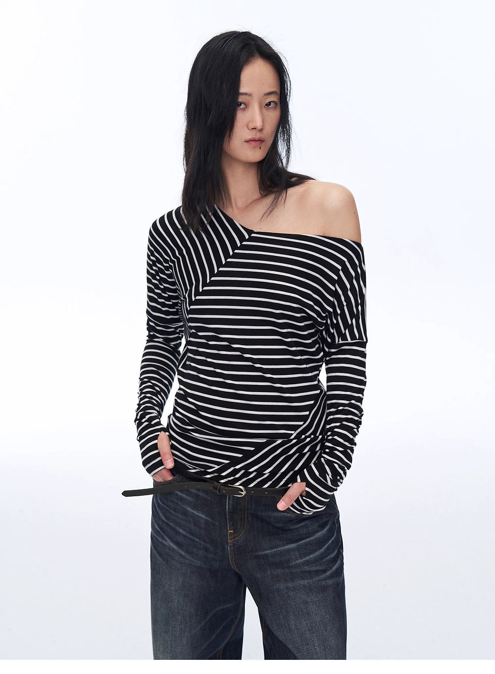 Thumbnail: Off-Shoulder Draped Patchwork Striped T-Shirt"Picasso Lines"