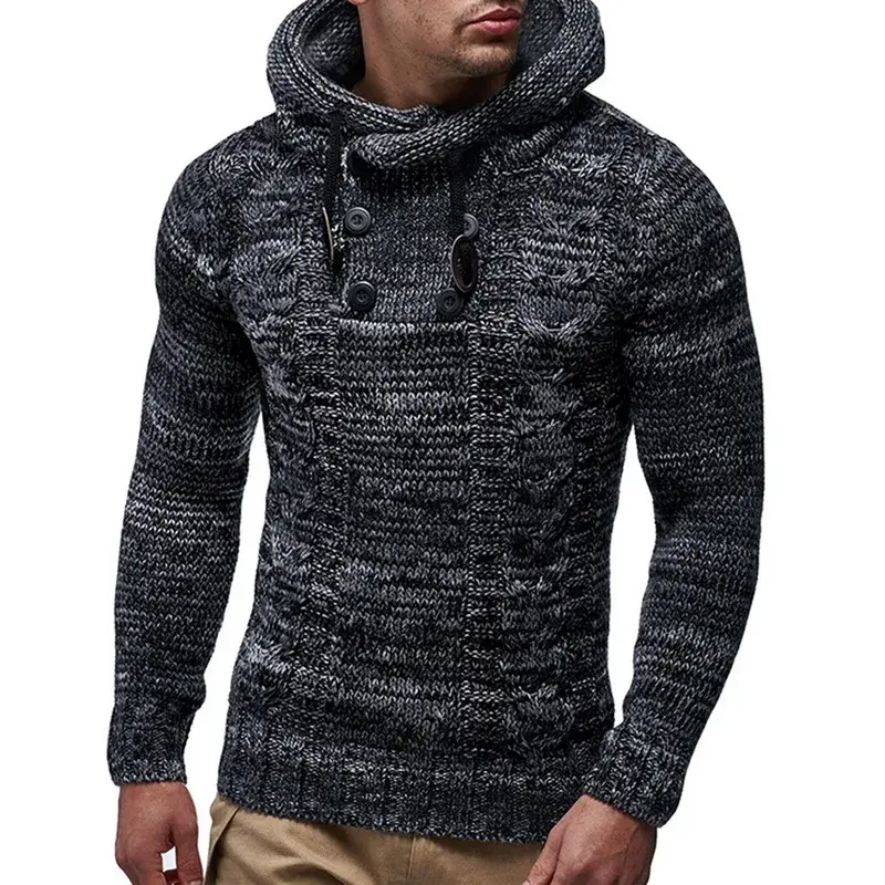 Thumbnail: Men's Fashion Solid Color Knit Hooded Sweater