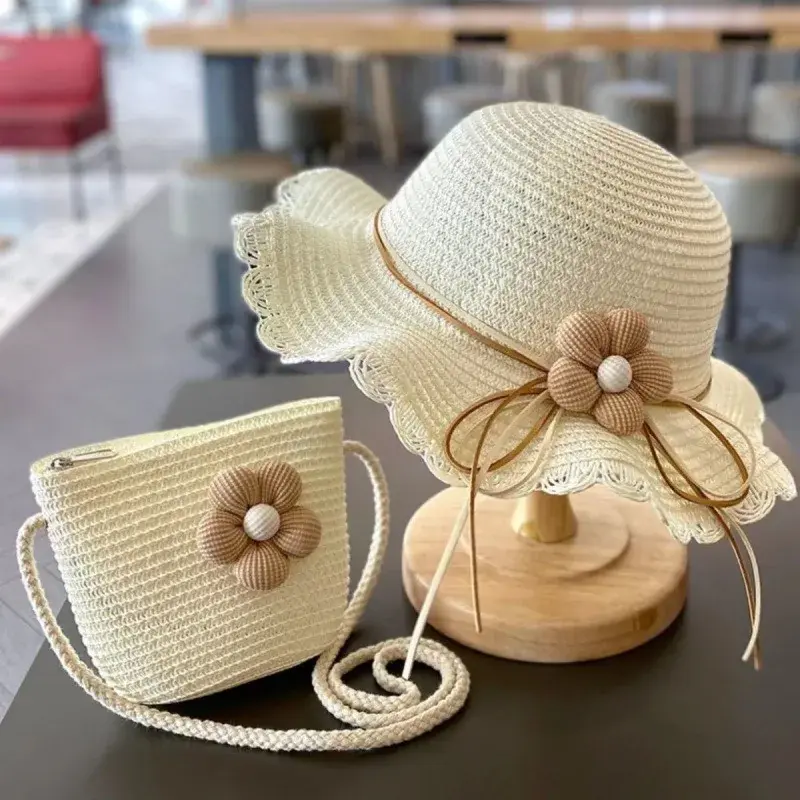 Thumbnail: Summer Baby Flower Straw Hat With Handbag - 2pc set for Kids