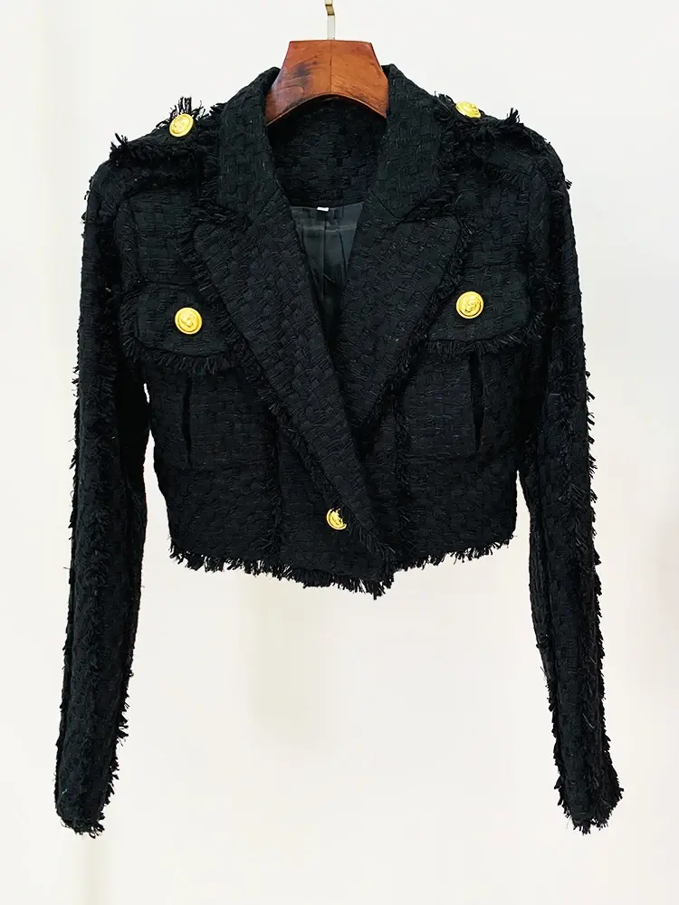 Thumbnail: HIGH STREET Newest Fashion Designer Women's Tassel Fringed Tweed Trimmed Jacket