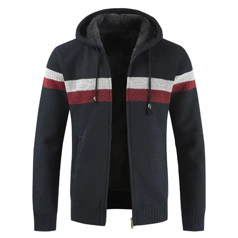 Thumbnail: Winter Thick Warm Hooded  Striped Wool Liner Zipper Fleece Coats