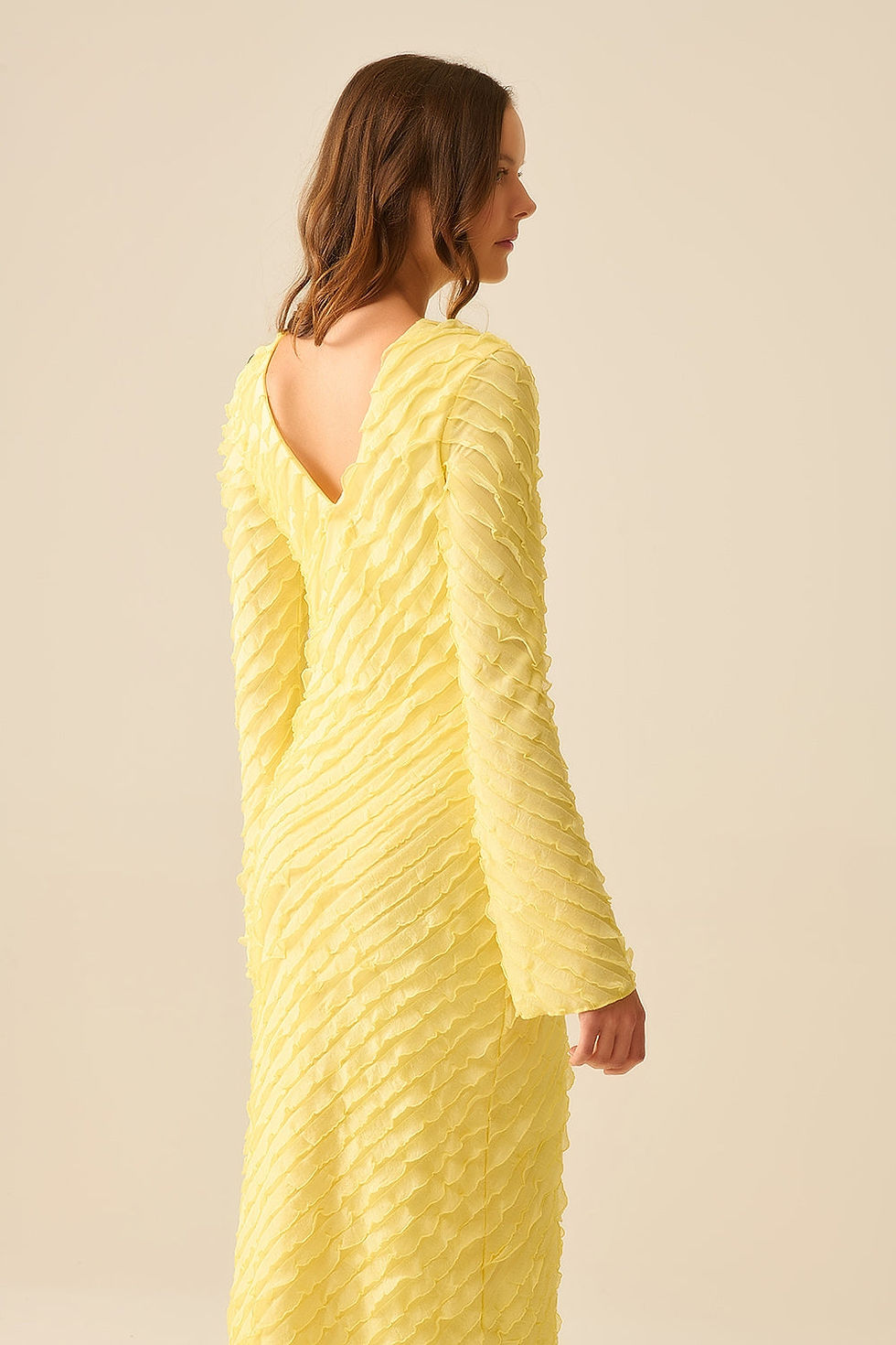 Thumbnail: Butter Yellow Maxi Dress With Bias Mini Ruffle Design