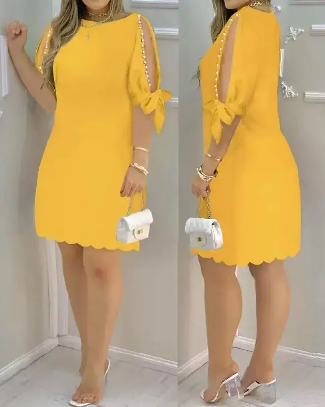 Thumbnail: Fashion Pearls Decor Split Sleeve Casual Mini Dress