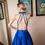 Thumbnail: Royal Blue Halter Satin A-Line Beaded Sequin Long Prom Dress