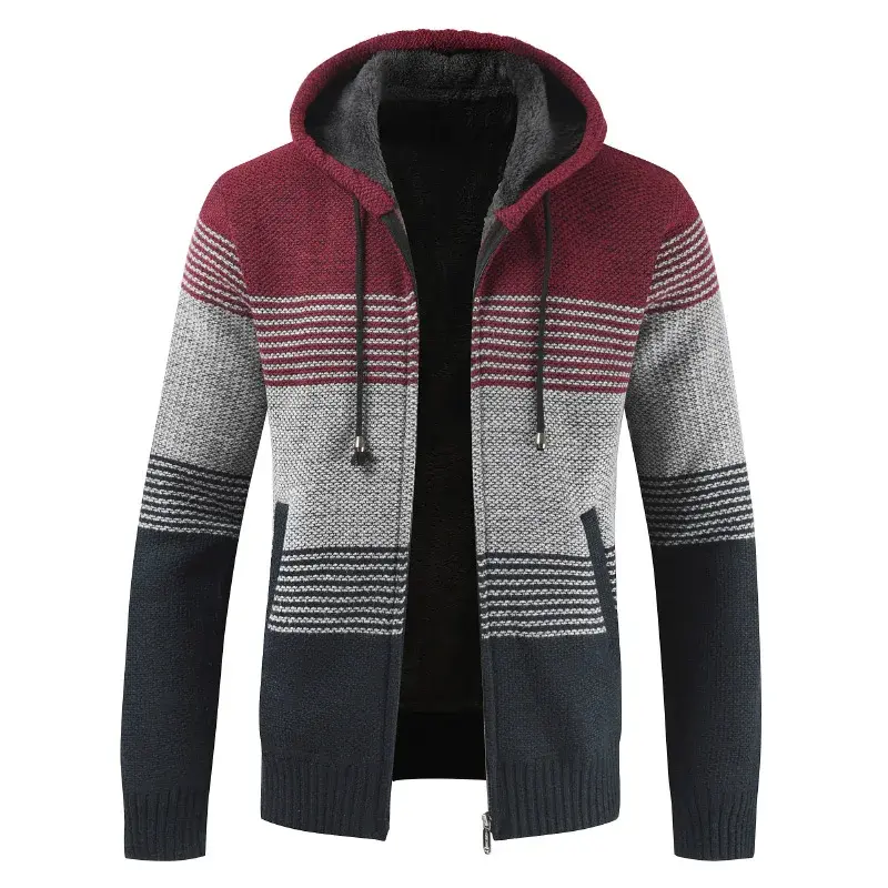 Thumbnail: Winter Thick Warm Hooded  Striped Wool Liner Zipper Fleece Coats