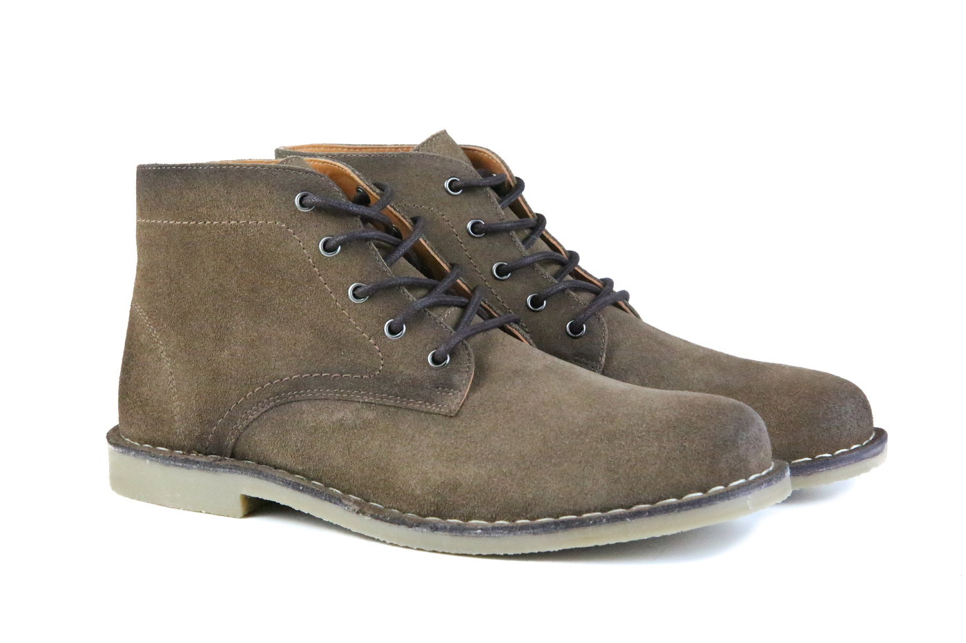 The Grover desert boots in burnished tobacco suede with a durable crepe texture outsole.