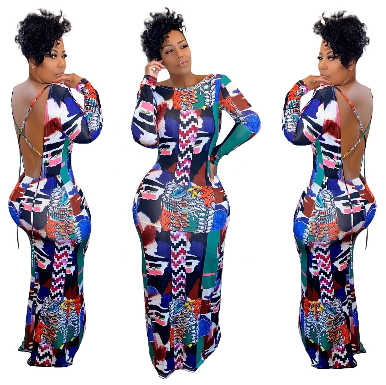 One Piece Long Sleeve Backless African Print Dresses