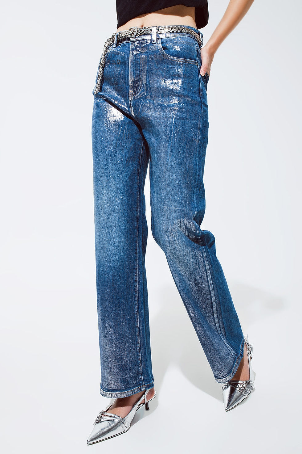 Thumbnail: Straight Leg Jeans With Silver Metallic Finish