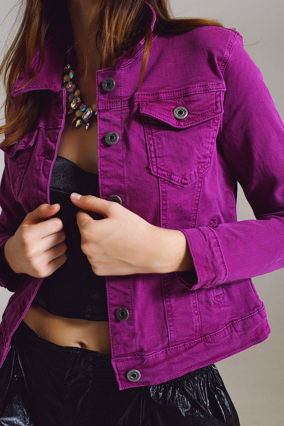 Thumbnail: Slim Denim Trucker Jacket in Fuchsia