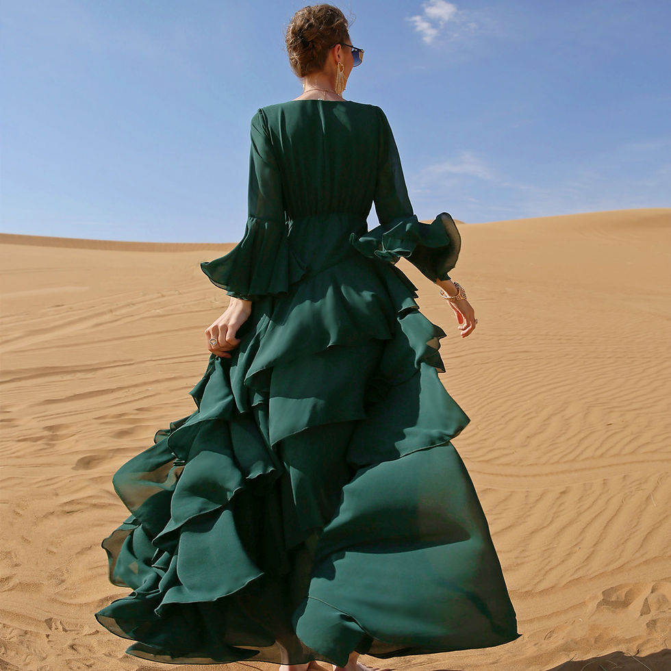 Thumbnail: Dark Green Chiffon Lotus Leaf Sleeve Dress