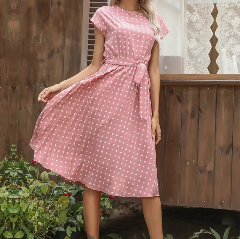 Thumbnail: Summer Polka Dots Sleeveless Pleated Dresses
