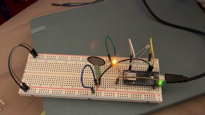 FSR on a breadboard being powered by an Arduino