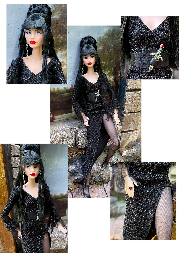Elvira, Doll designed by the MFDS Creative Team. She wears a black dress, made by Carmen Gavarre. Thin black eyeliner, painted by Sonia Gallego. Red lipstick, painted by Mónica del Castillo. Hairstyle and jewlery Mónica del Castillo.