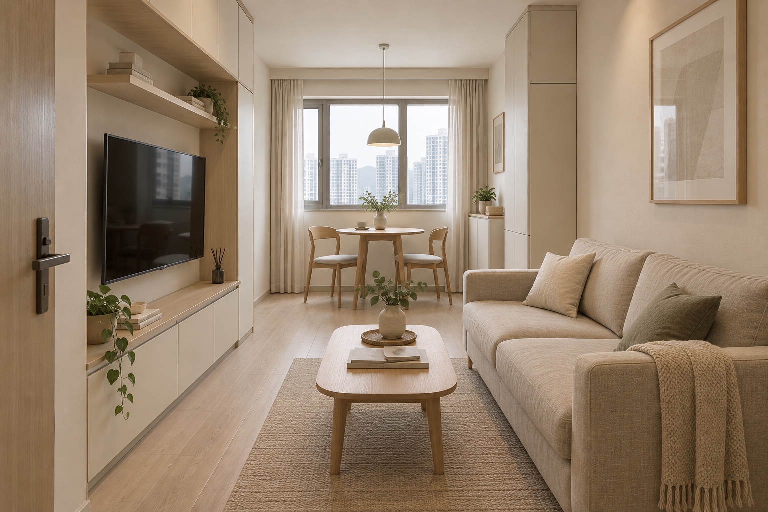 Warm beige living and dining room design visualisation