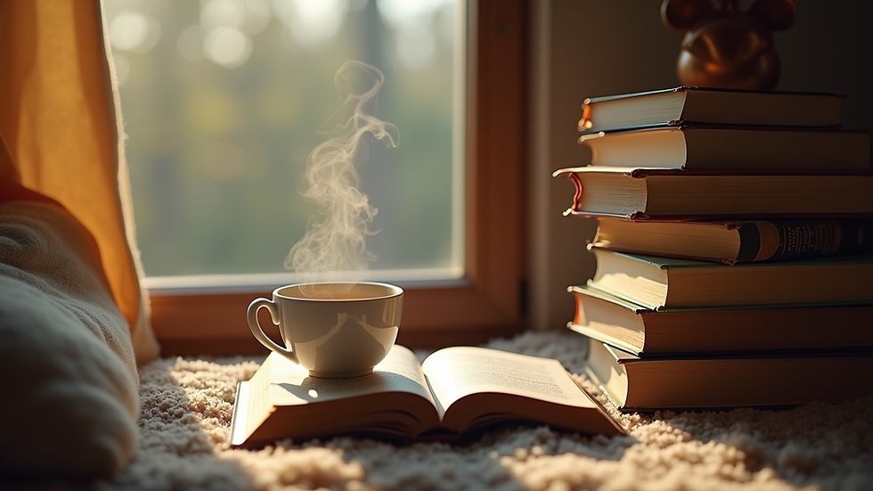 Eye-level view of a cozy reading nook with a stack of books and a steaming cup of tea