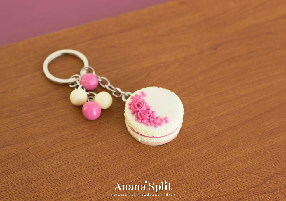 Miniature : porte-clés gâteau blanc et rose en pâte polymère Fimo