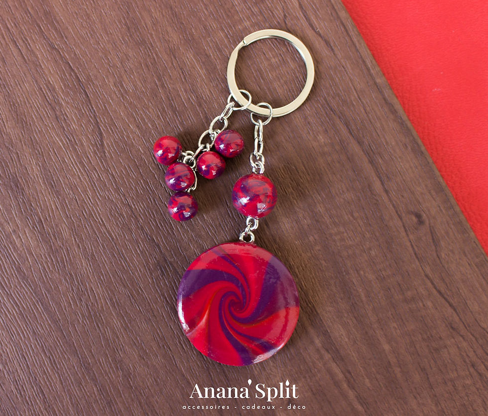 Miniature : porte-clés spirale en pâte polymère Fimo rouge violet