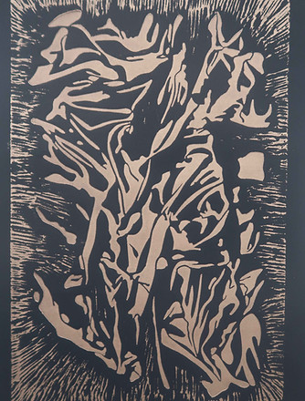 Kelp River Gold lino print on Stonehenge black, 2021.jpg