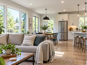 Bright living room with recessed ceiling lights, neutral furnishings, and an open kitchen.