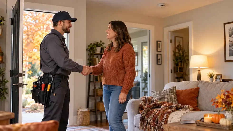 Electrician shaking hands with a homeowner in a cozy living room decorated for fall.