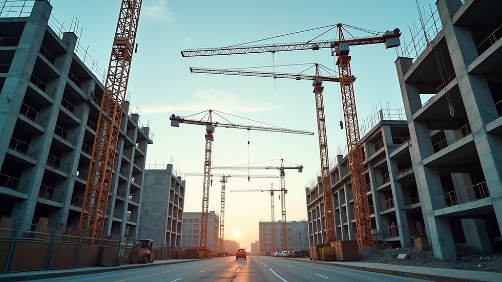Eye-level view of construction site with cranes and building framework