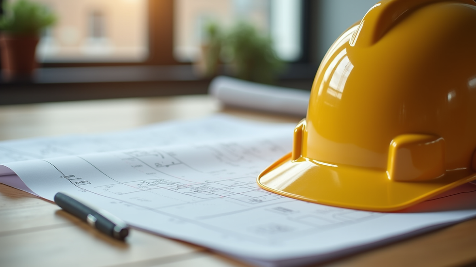 Close-up view of construction blueprints and a hard hat on a wooden table