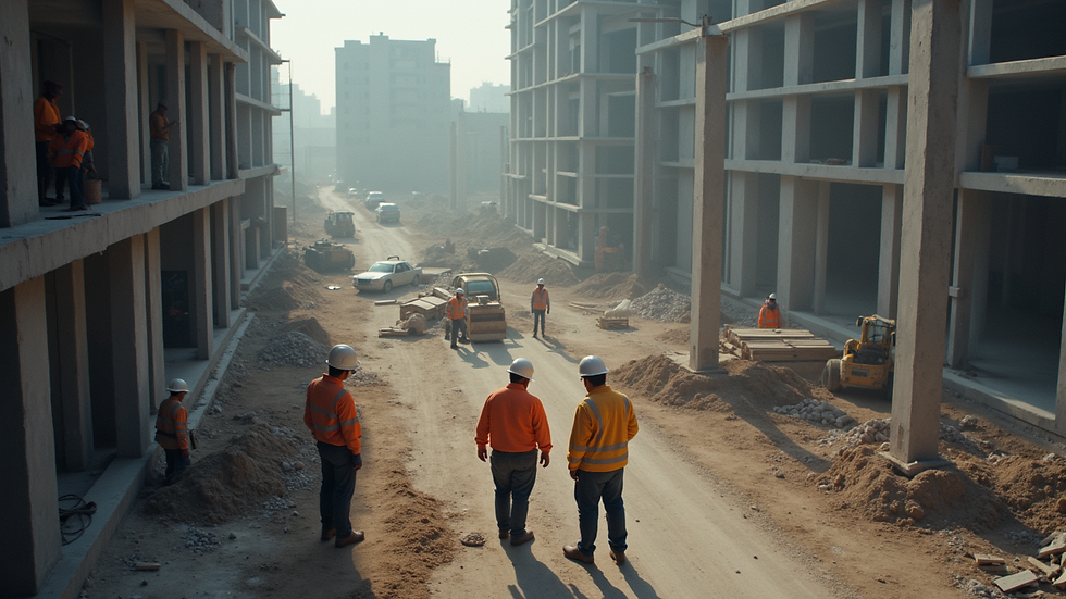 High angle view of construction workers coordinating on a building site