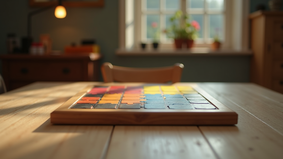Vue rapprochée d’un plateau de jeu de société coloré sur une table en bois