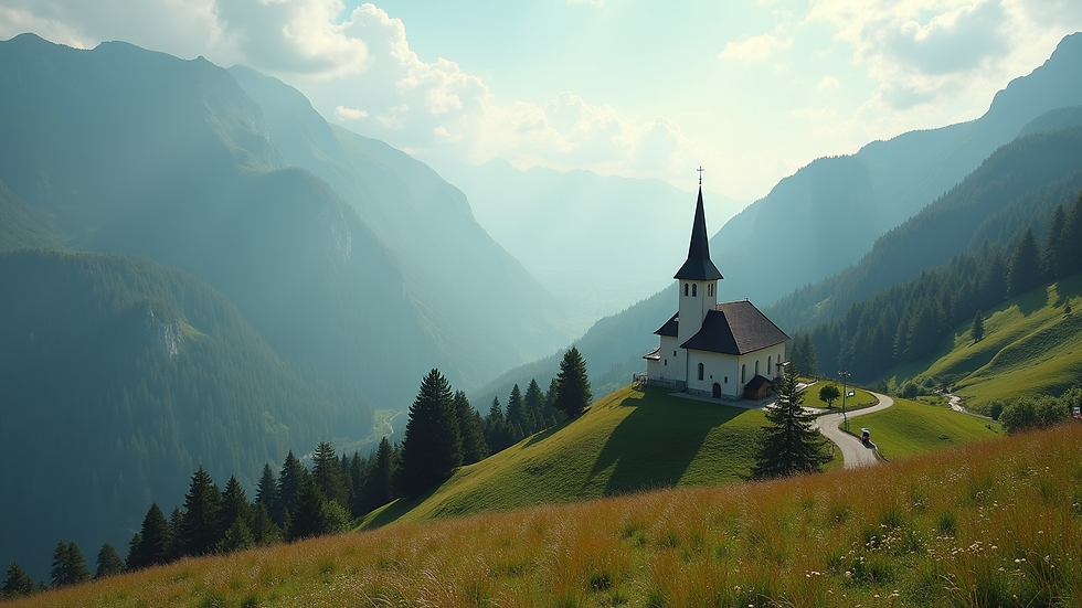 Eye-level view of a mountain landscape with a picturesque church