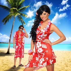 Woman and man in Hawaiian shirts on beach with palm tree and sun