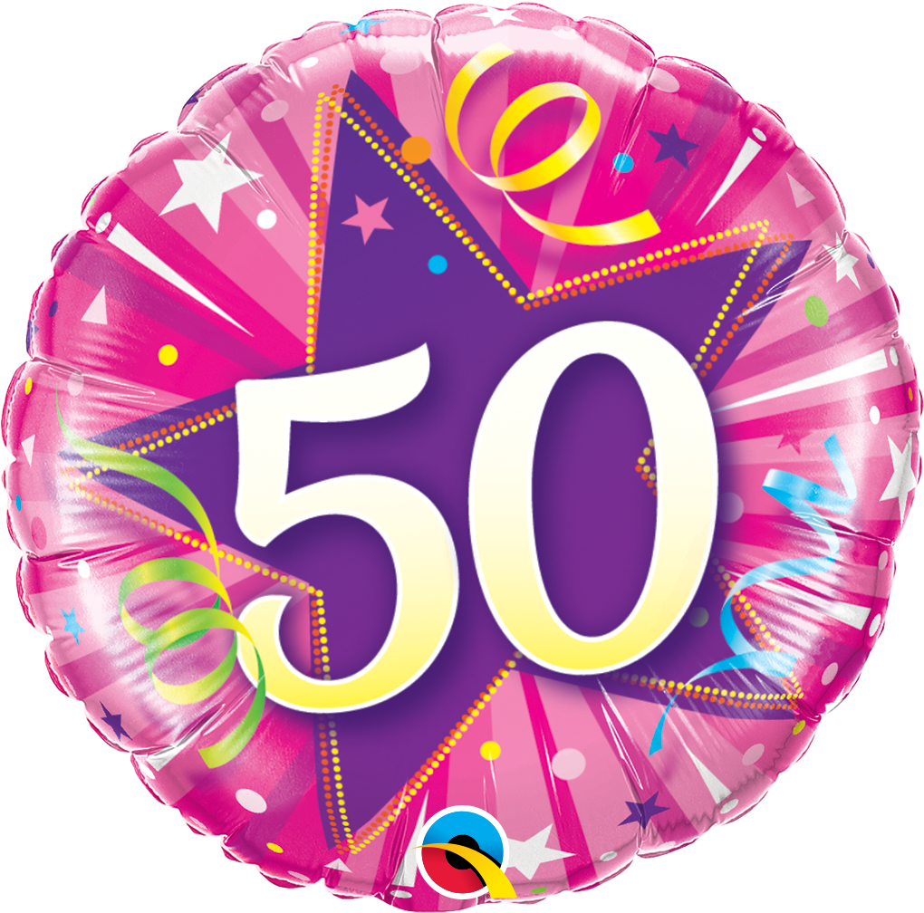 Pink star balloon with the number 50 and festive decorations background.