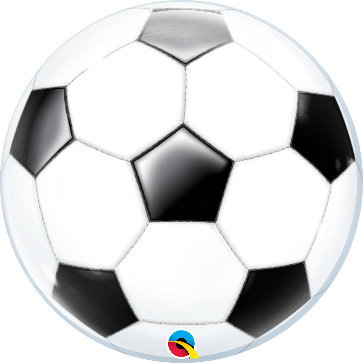 Soccer ball shaped balloon with black and white panels, party decoration.