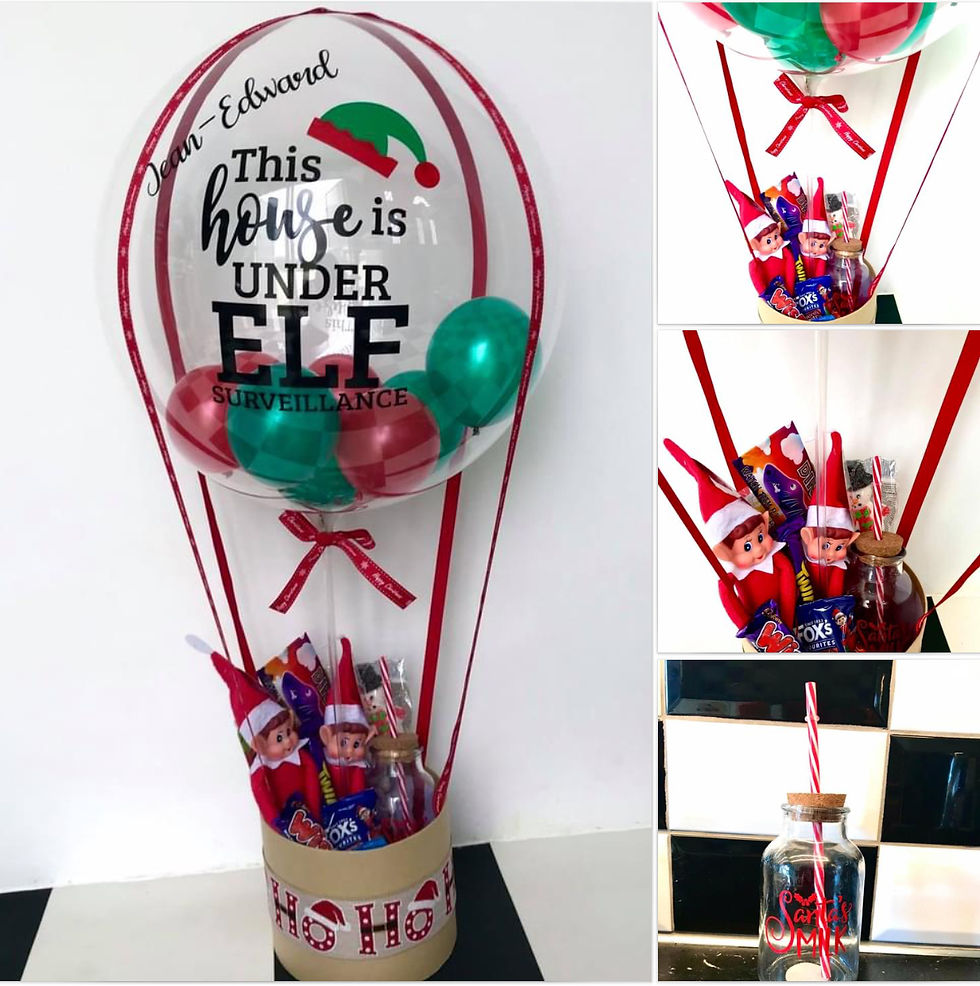 Thumbnail: This house is under elf surveillance balloon. Balloon says: John-Edward. Festive scene party decoration.