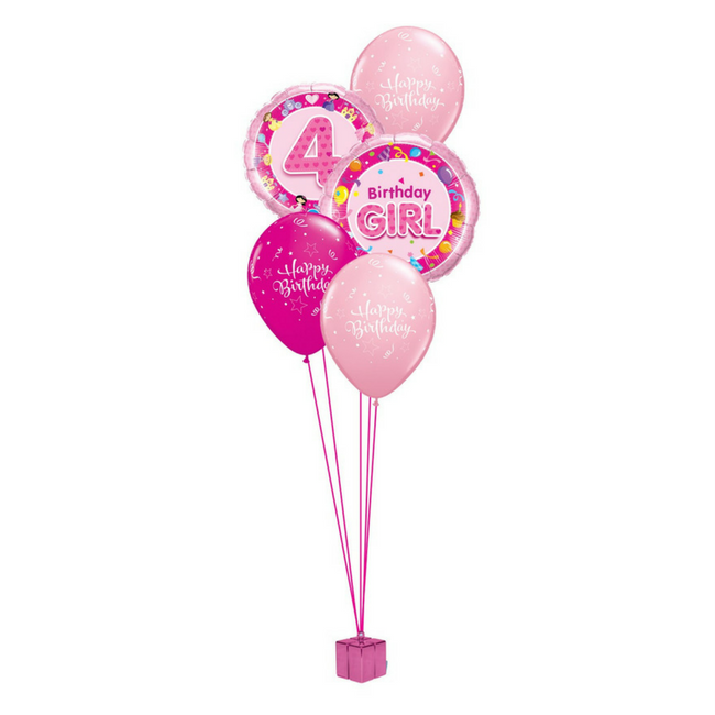 Pink balloons with number 4 and Happy Birthday Girl, party decoration.