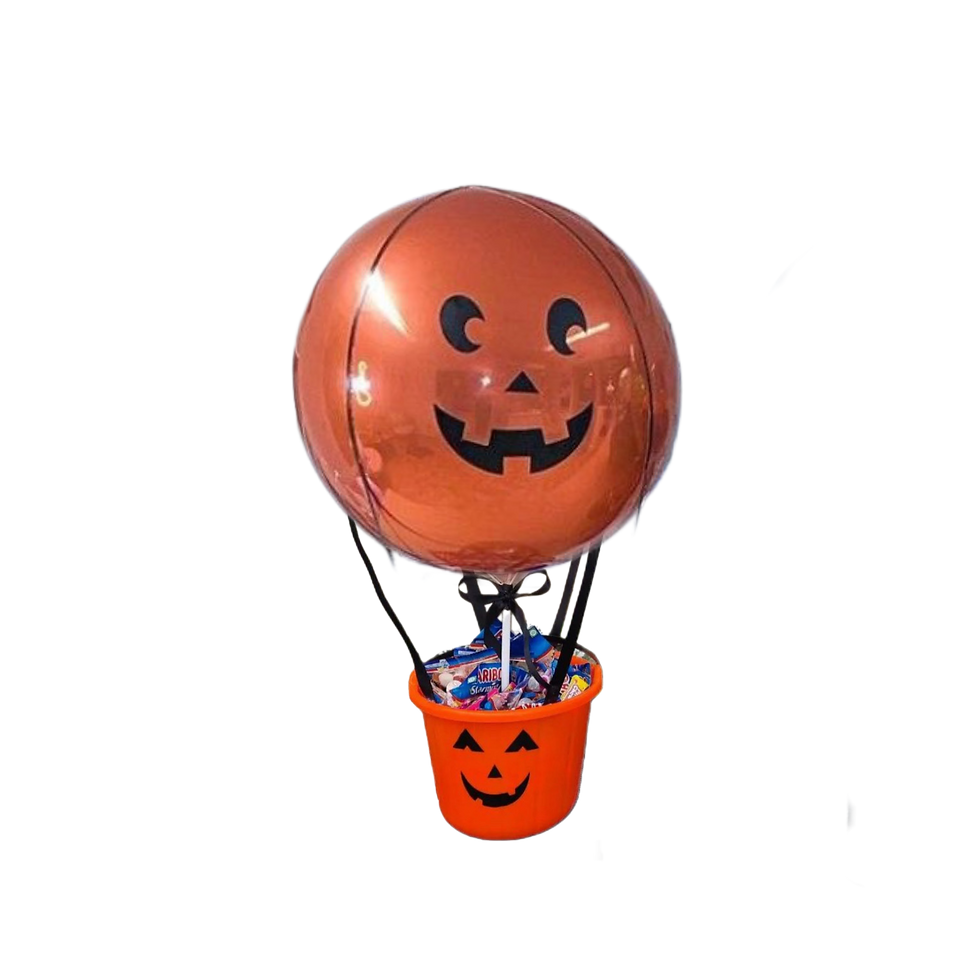 Thumbnail: Orange pumpkin balloon with smiling face holding candy bucket for Halloween
