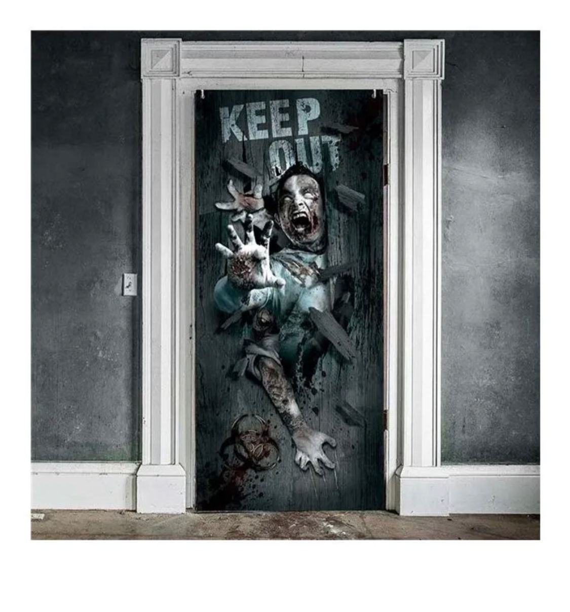 Zombie bursting through door with text Keep Out, bloody hands reaching out.