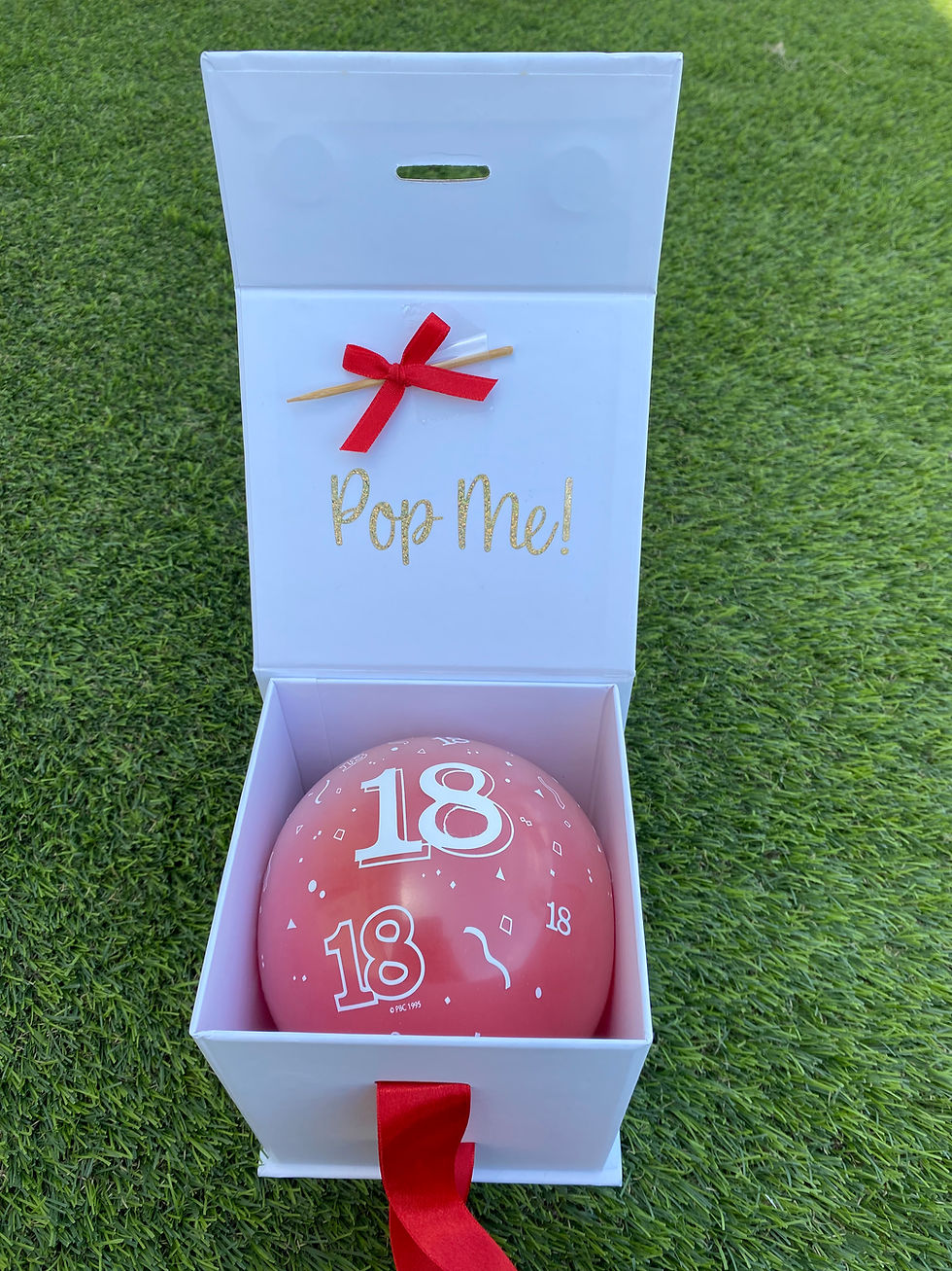 Pink balloon in a gift box says "Pop Me" and "18" on it.