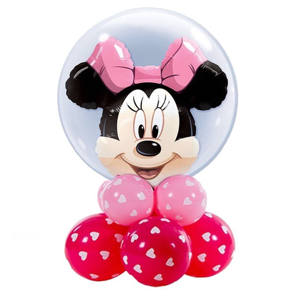 Minnie Mouse balloon with pink bow and heart balloons, celebratory design.