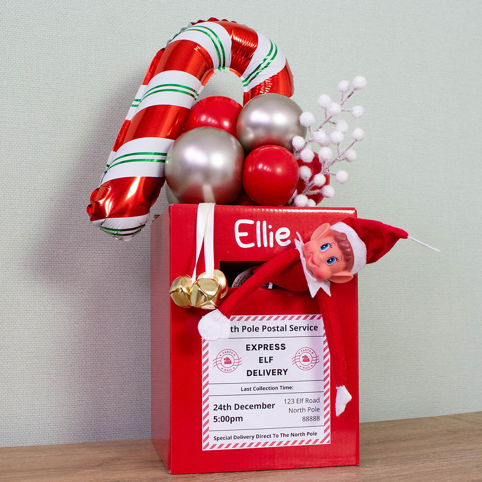 Red Christmas mailbox with candy cane and Ellie, St. Pole Postal Service