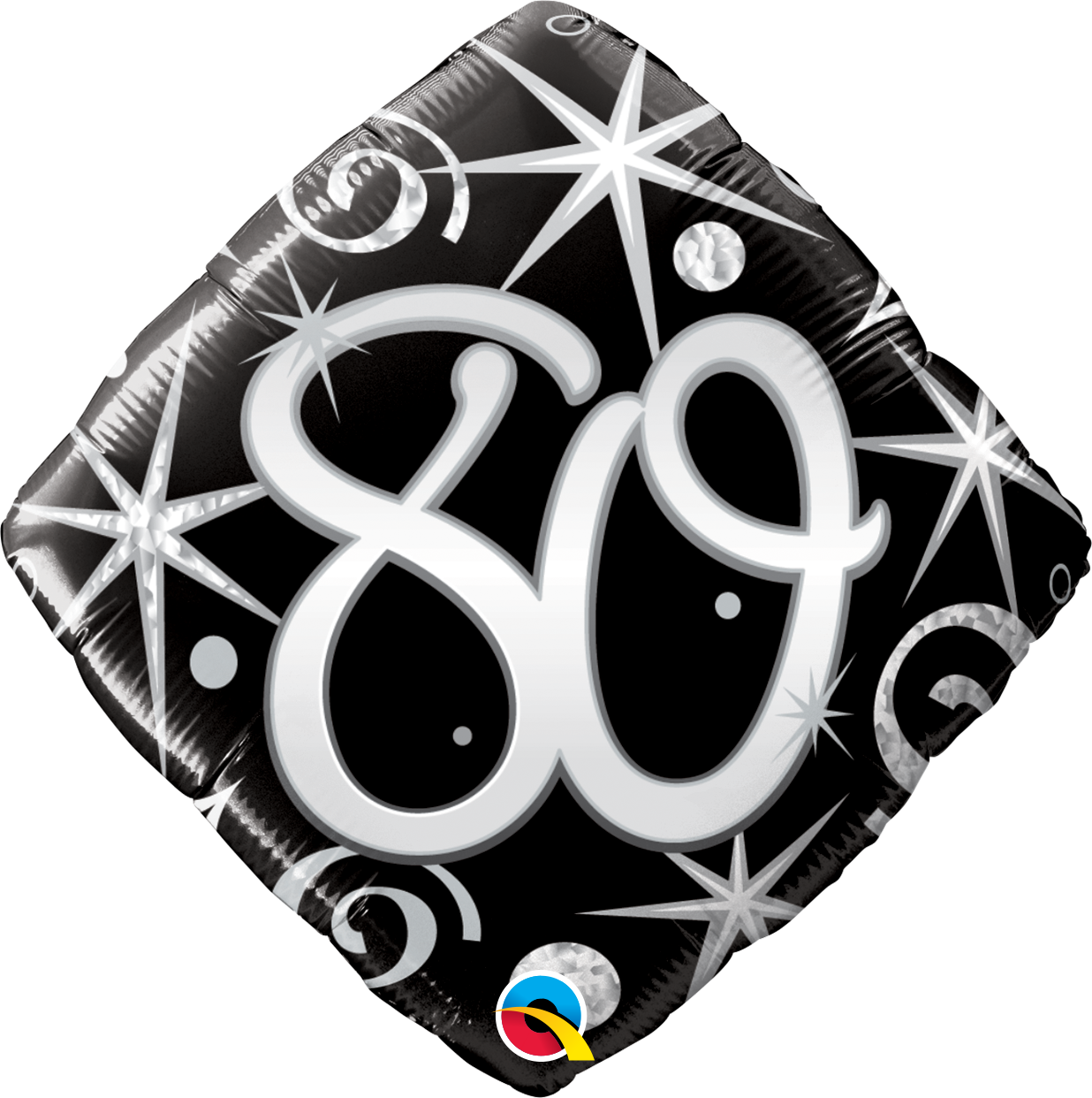 Black and silver 80 balloon with starbursts and decorations for a party.
