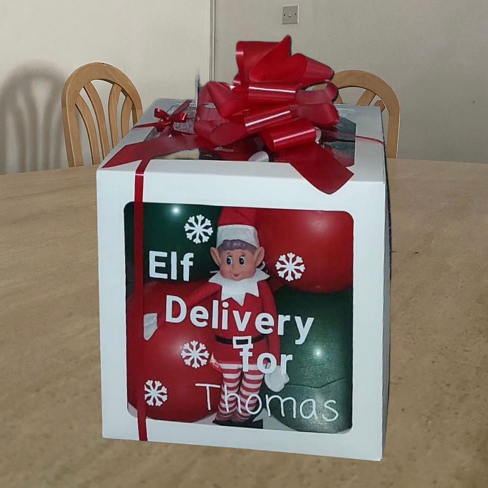 Thumbnail: Elf Delivery for Thomas's, gift box with red bow and balloons.